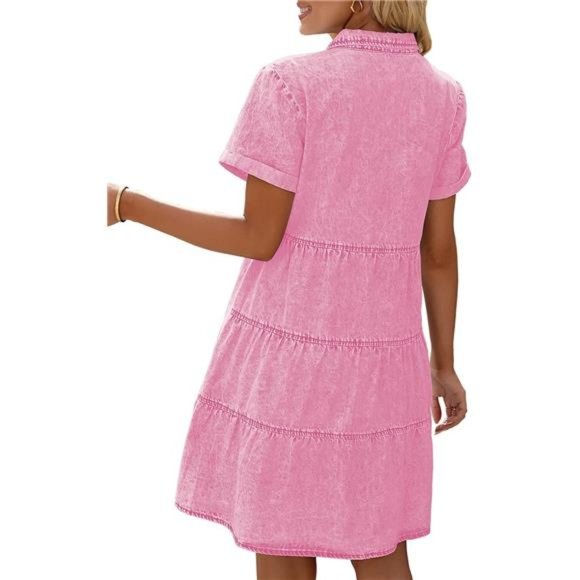 Short Sleeve Button Down Flowy Tiered Babydoll Denim Dress WomenS - Picture 2 of 6